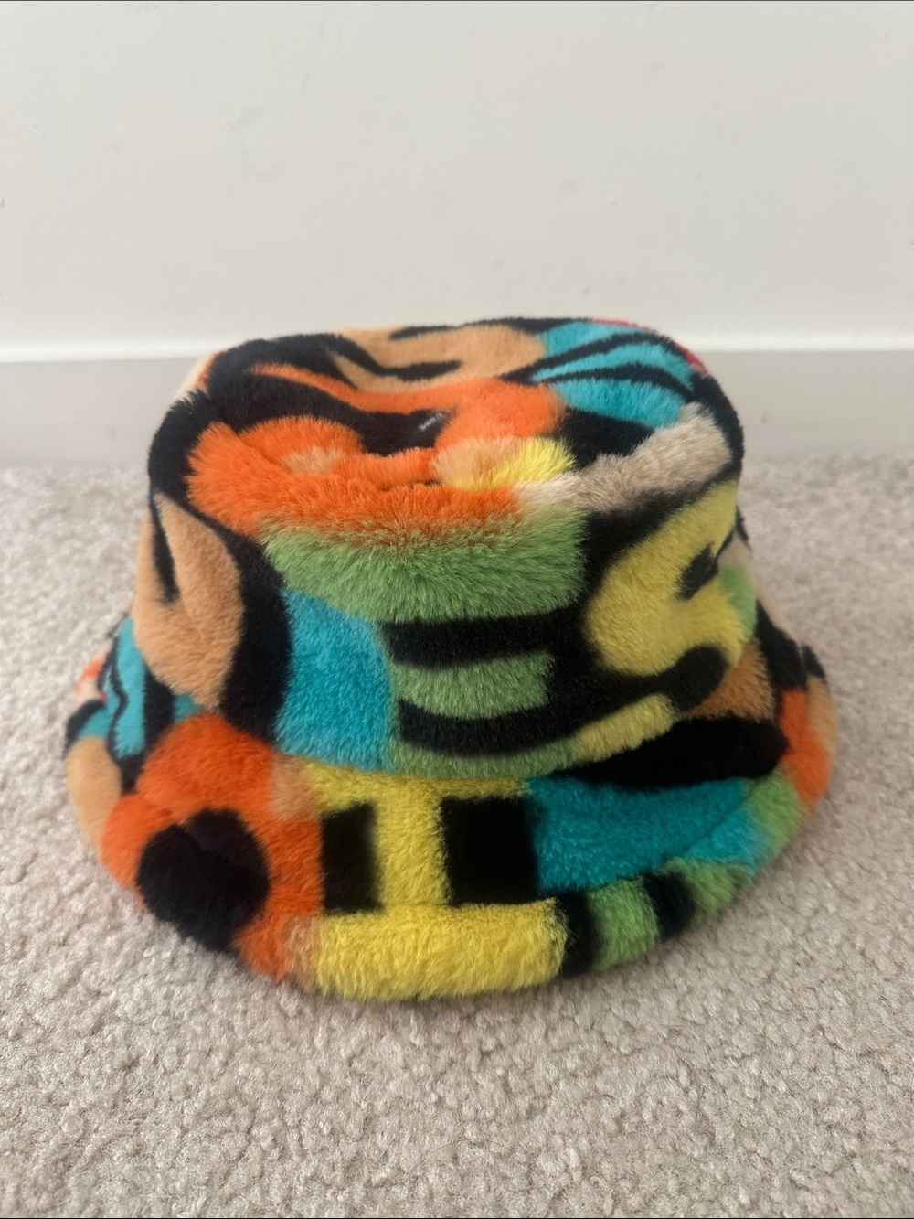 Faux Fur Multicolor Bucket Hat - Vibrant Rainbow Print
